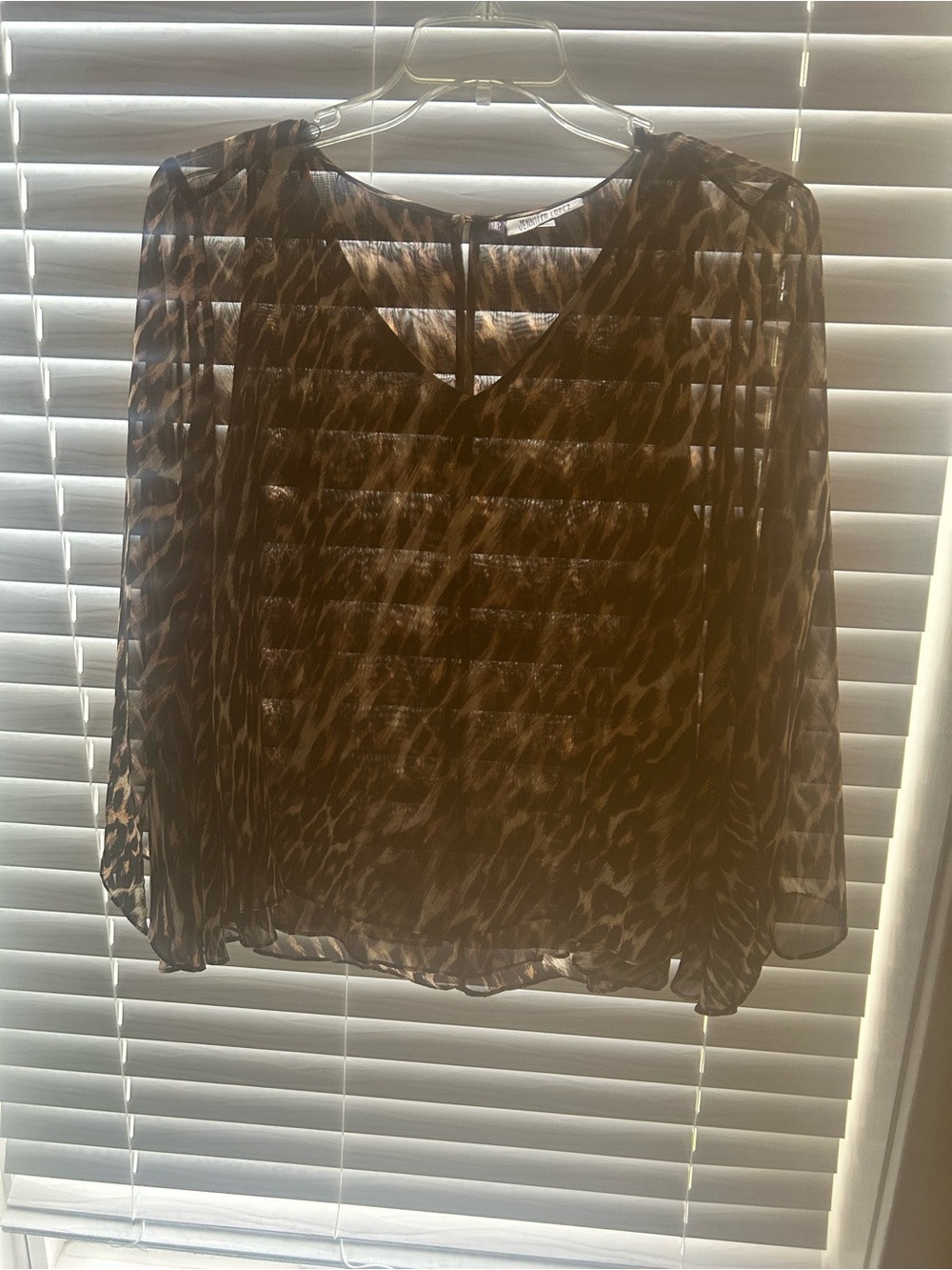 Jennifer Lopez Sheer Leopard-Print V-Neck Blouse in Brown